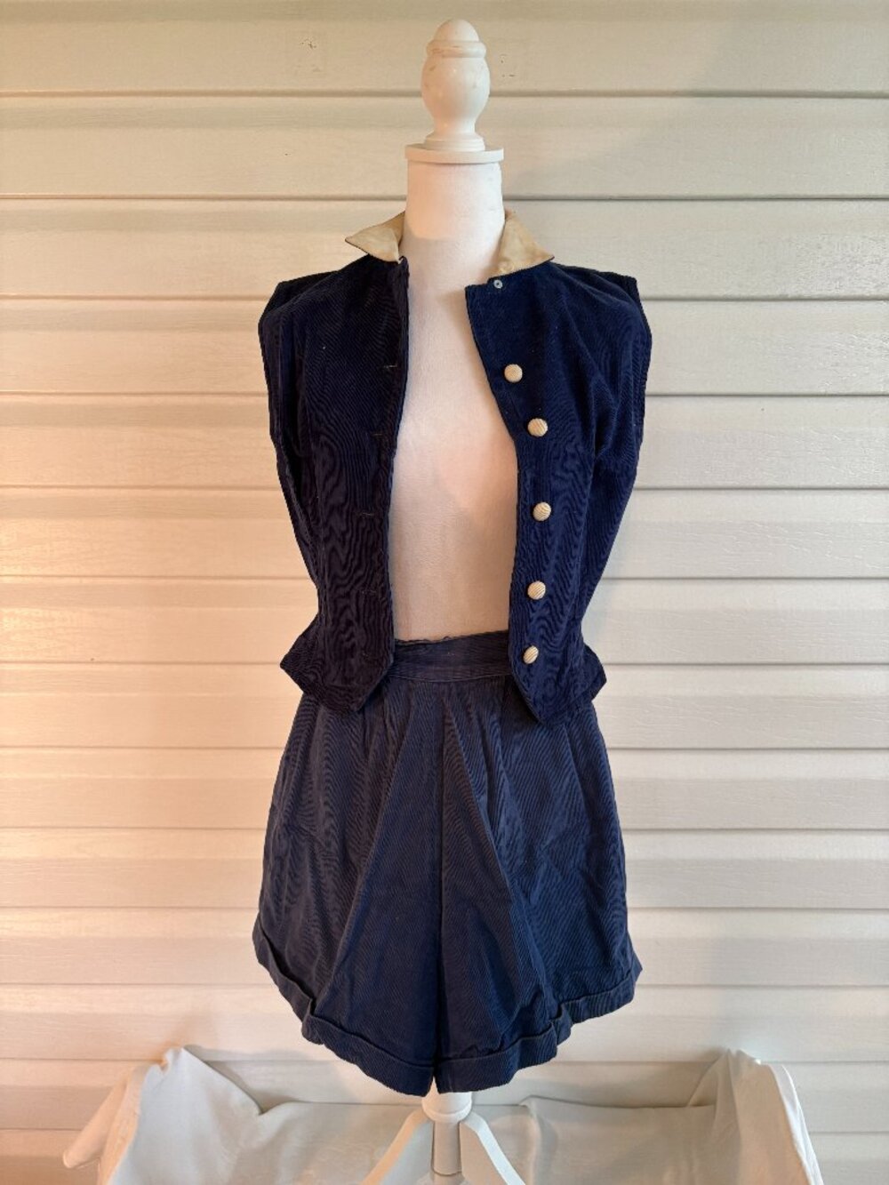 VTG Handmade Blue Corduroy Sleeveless Vest & Shorts Set Women's See Description
